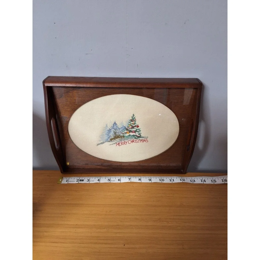 Vintage‎ Wooden Serving Tray Featuring Christmas Croos-Stitch Protected By Glass